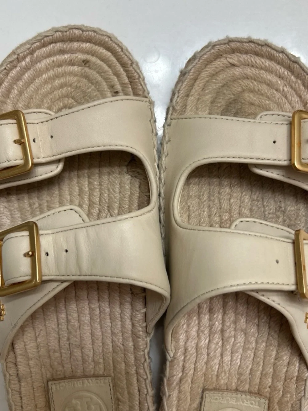 Tory Burch Cream Double-Strap Espadrille Slides with Gold Buckles